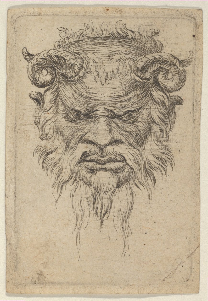 Satyrmaske med krøllede horn, der kigger ned, fra Divers Masques, ca. 1635-45. af Francois Chauveau