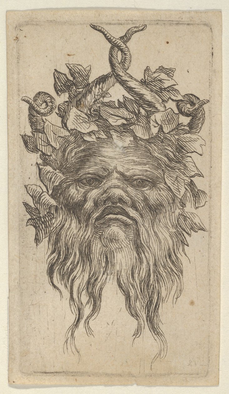 Satyrmaske med krogede horn og en efeukrans, fra Divers Masques, ca. 1635-45. af Francois Chauveau