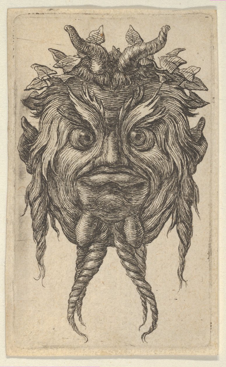 Satyrmaske med horn og snoet skæg iført en efeukrans, fra Divers Masque..., ca. 1635-45. af Francois Chauveau