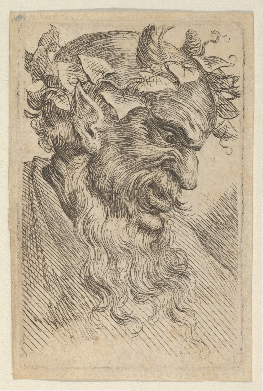 Satyrmaske med en krone af efeu, vendt mod højre, fra Divers Masques, ca. 1635-45. af Francois Chauveau