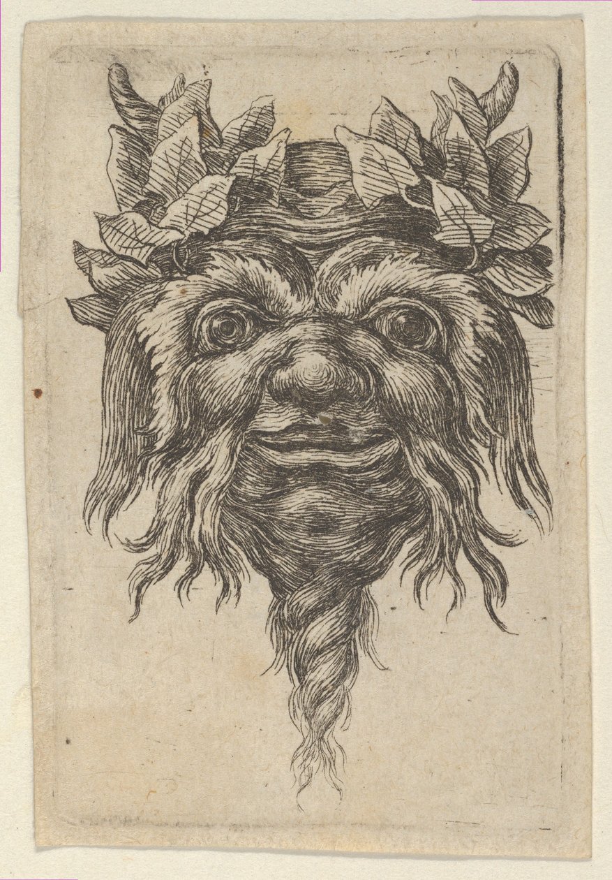 Satyrmaske med et spiralformet skæg og efeu grupperet omkring hvert horn, fra Divers..., ca. 1635-45. af Francois Chauveau