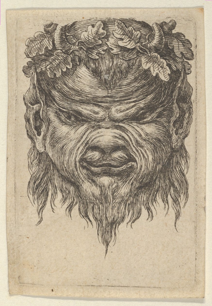 Satyrmaske med en fordybet snude og en krans af egeblade, fra Divers Masques, ca. 1635-45. af Francois Chauveau