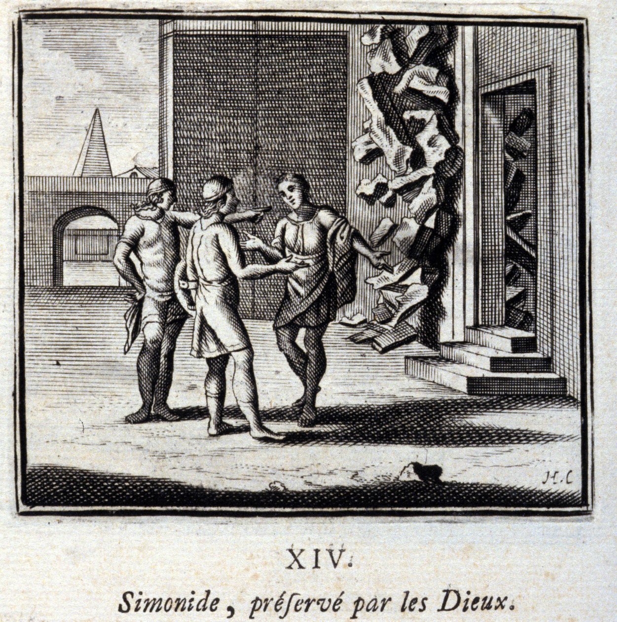 Simonides bevaret af guderne. Fabler af Jean de La Fontaine (1621-95). Illustration af Francois Chauveau (1613-1676). Udgave af 1728. af Francois Chauveau