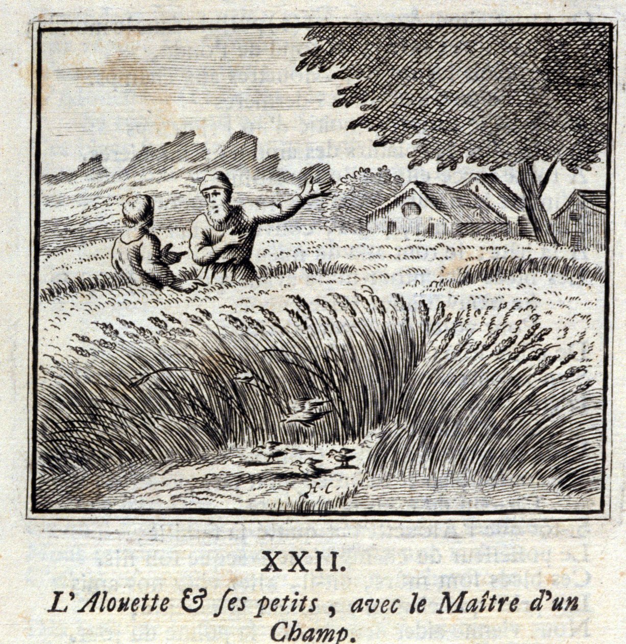 Alouette og hans små børn sammen med mesteren på en mark. Fabler af Jean de La Fontaine (1621-95). Illustration af François Chauveau (1613-1676). Udgave fra 1728. af Francois Chauveau