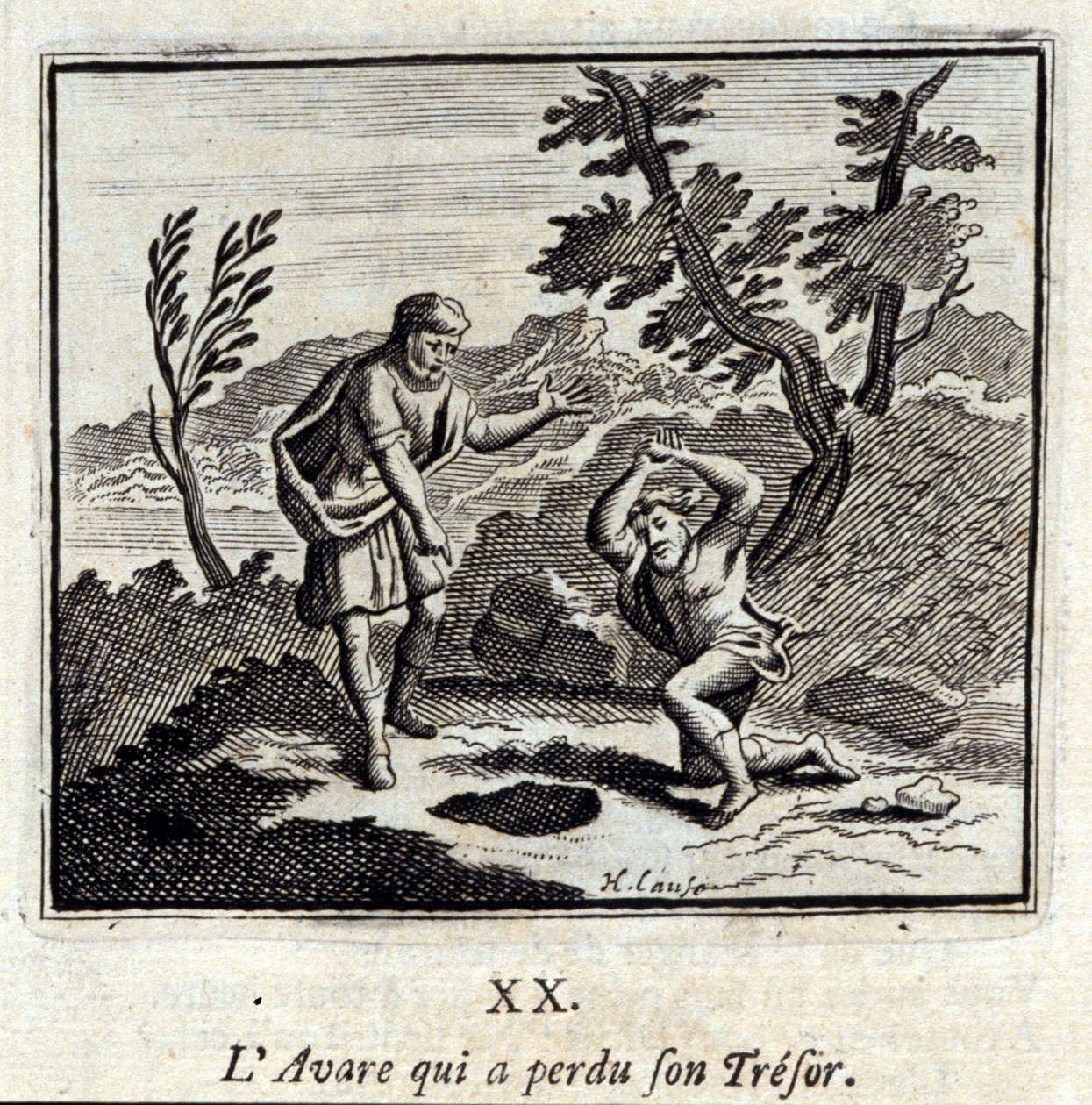 The Avare, der mistede sin tresor.Fables af Jean de La Fontaine (1621-95). Illustration af François Chauveau (1613-1676). Udgave af 1728. af Francois Chauveau