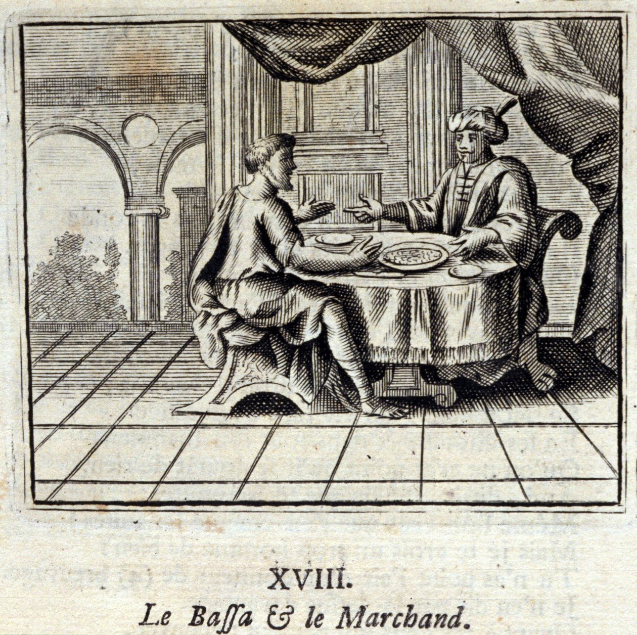 Bassaen og Købmanden. Fabler af Jean de La Fontaine (1621-95). Illustration af François Chauveau (1613-1676). Udgave af 1728. af Francois Chauveau