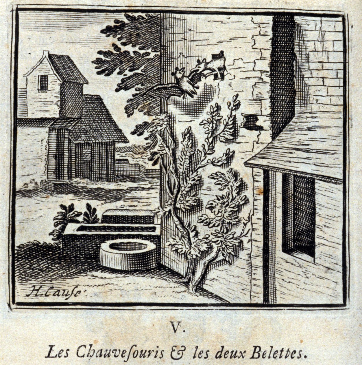 Flagermusen og de to Væsler. Fabler af Jean de La Fontaine (1621-95). Illustration af François Chauveau (1613-1676). Udgave af 1728. af Francois Chauveau