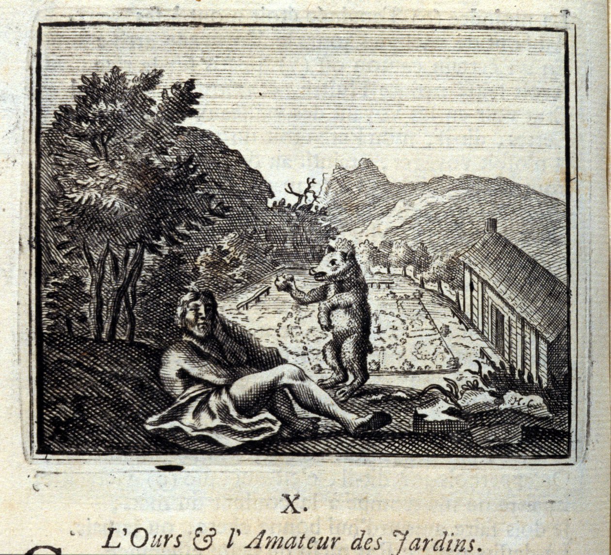 Bjørnen og haveamatøren. Fabler af Jean de La Fontaine (1621-95). Illustration af François Chauveau (1613-1676). Udgave af 1728. af Francois Chauveau