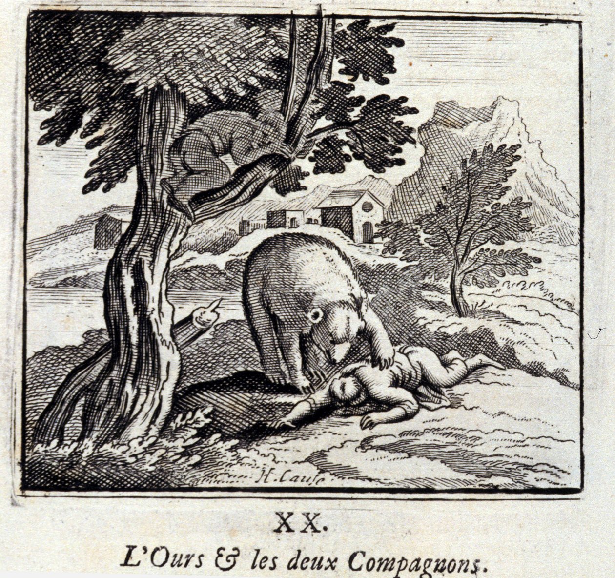 Bjørnen og de to ledsagere. Fabler af Jean de La Fontaine (1621-95). Illustration af François Chauveau (1613-1676). Udgave af 1728. af Francois Chauveau