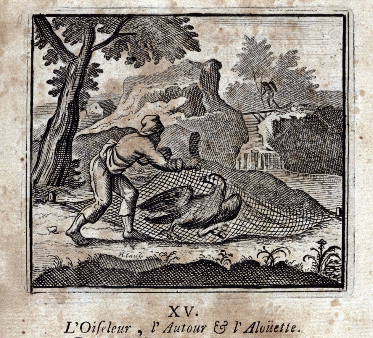 Fuglefuglen rundt og Alouetten. Fabler af Jean de La Fontaine (1621-95). Illustration af François Chauveau (1613-1676). Udgave af 1728. af Francois Chauveau