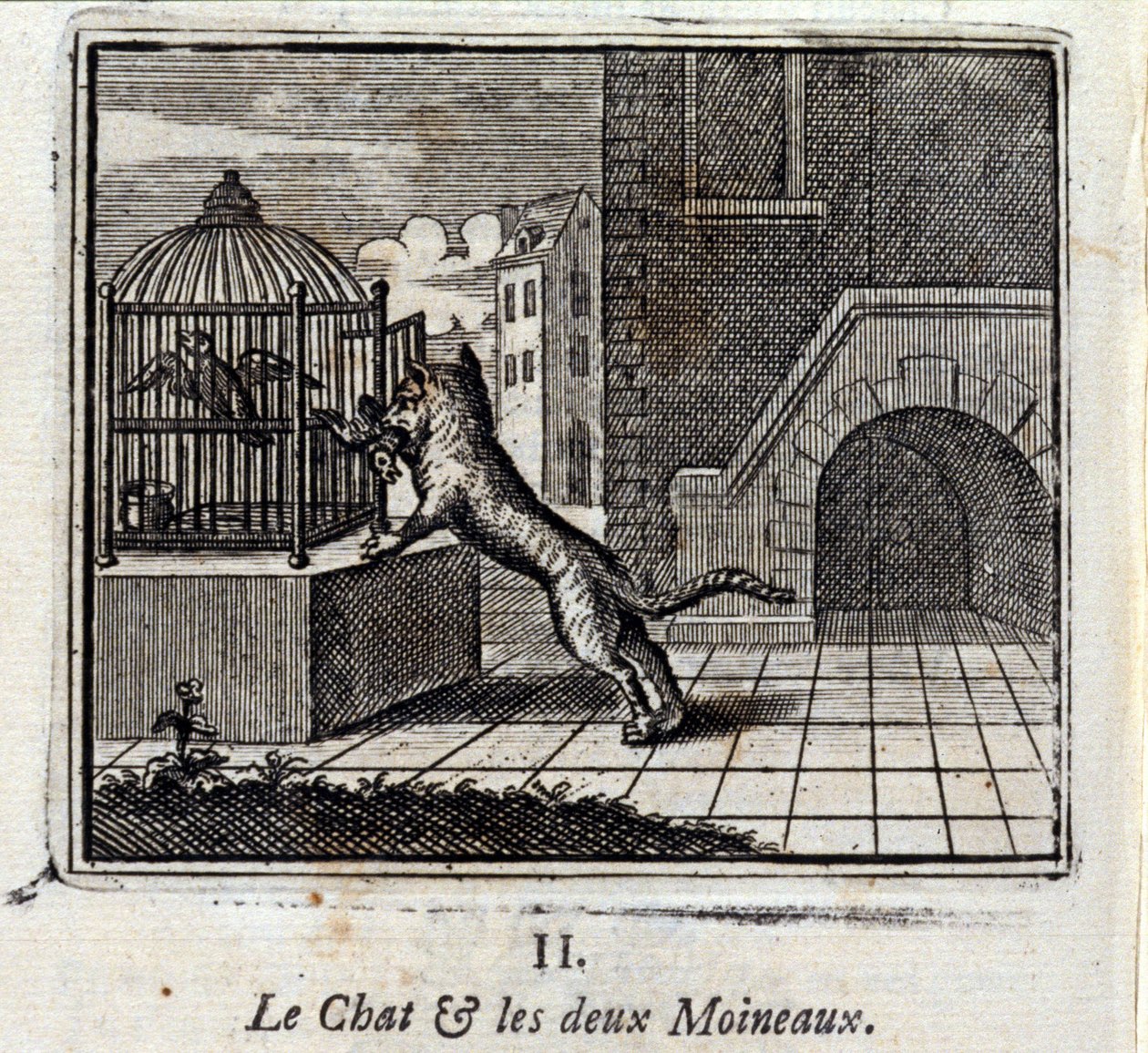 Katten og de to spurve. Fabler af Jean de La Fontaine (1621-95). Illustration af François Chauveau (1613-1676). Udgave af 1728. af Francois Chauveau