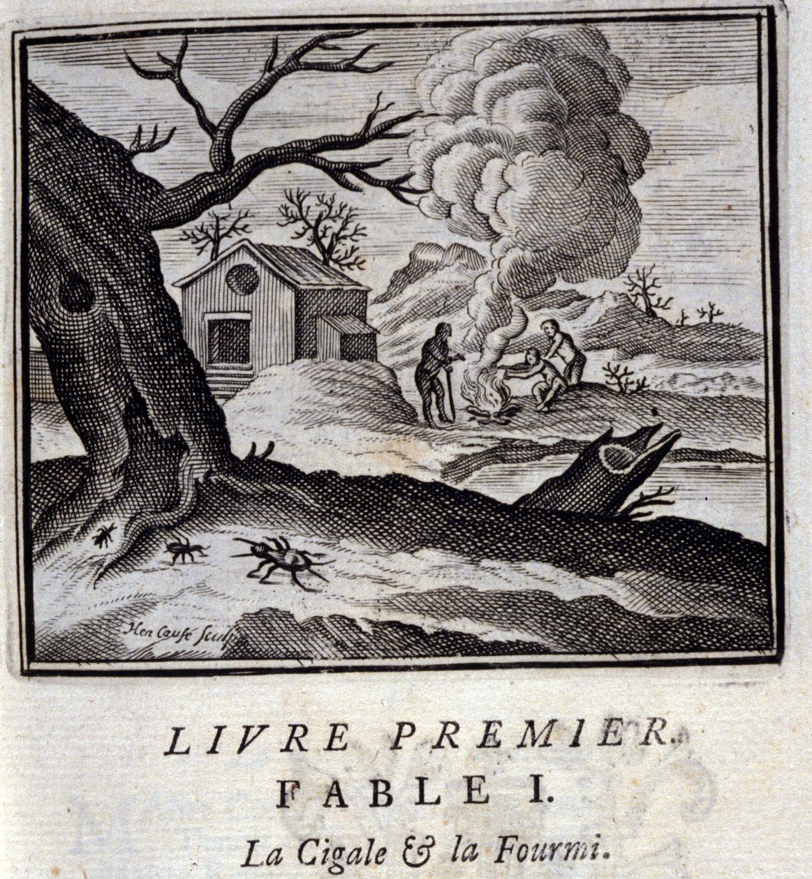 Cigalen og myren. Fabler af Jean de La Fontaine (1621-95). Illustration af François Chauveau (1613-1676). Udgave fra 1728. af Francois Chauveau