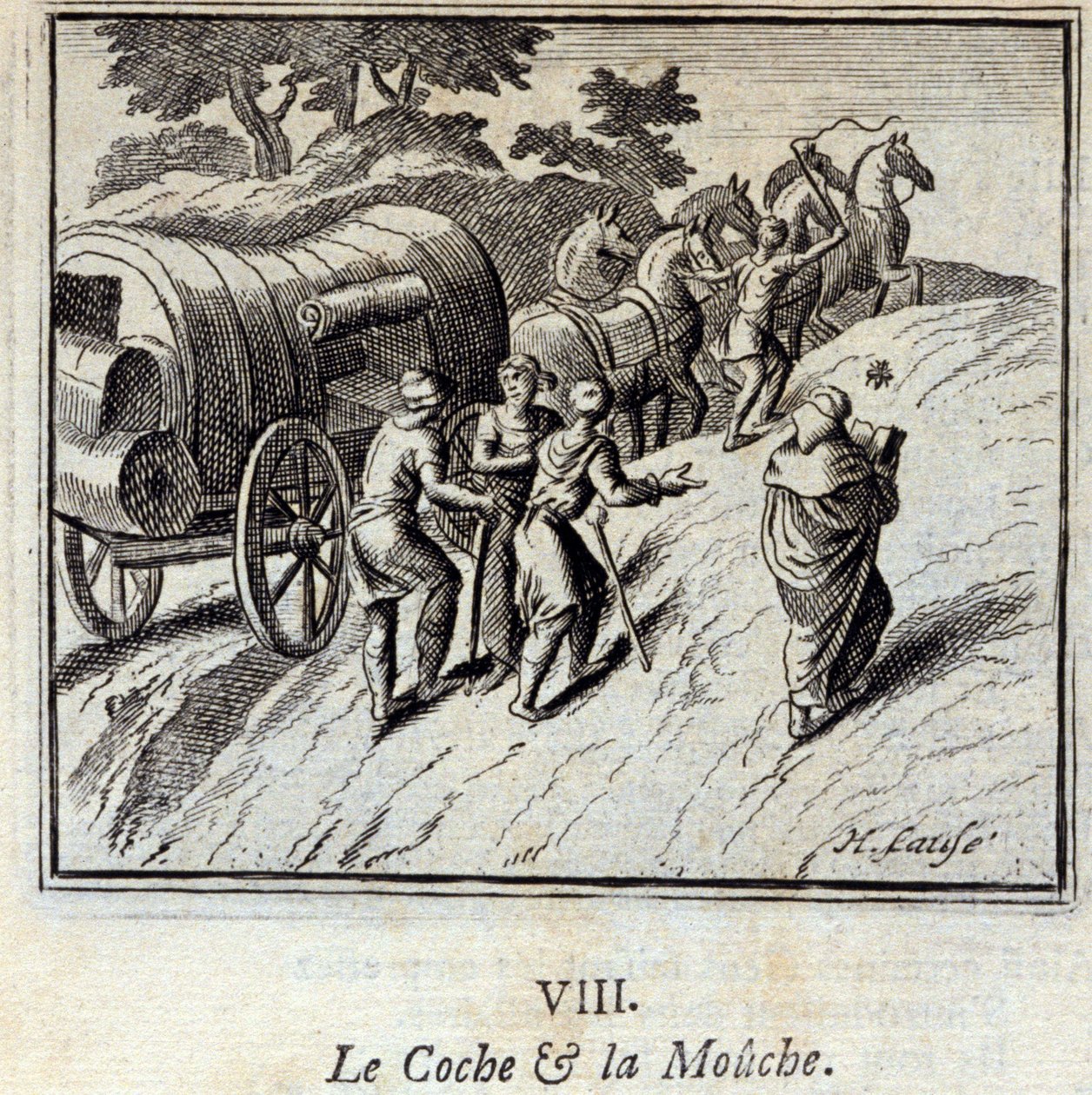 Cochen og Fluen. Fabler af Jean de La Fontaine (1621-95). Illustration af Francois Chauveau (1613-1676). Udgave af 1728. af Francois Chauveau