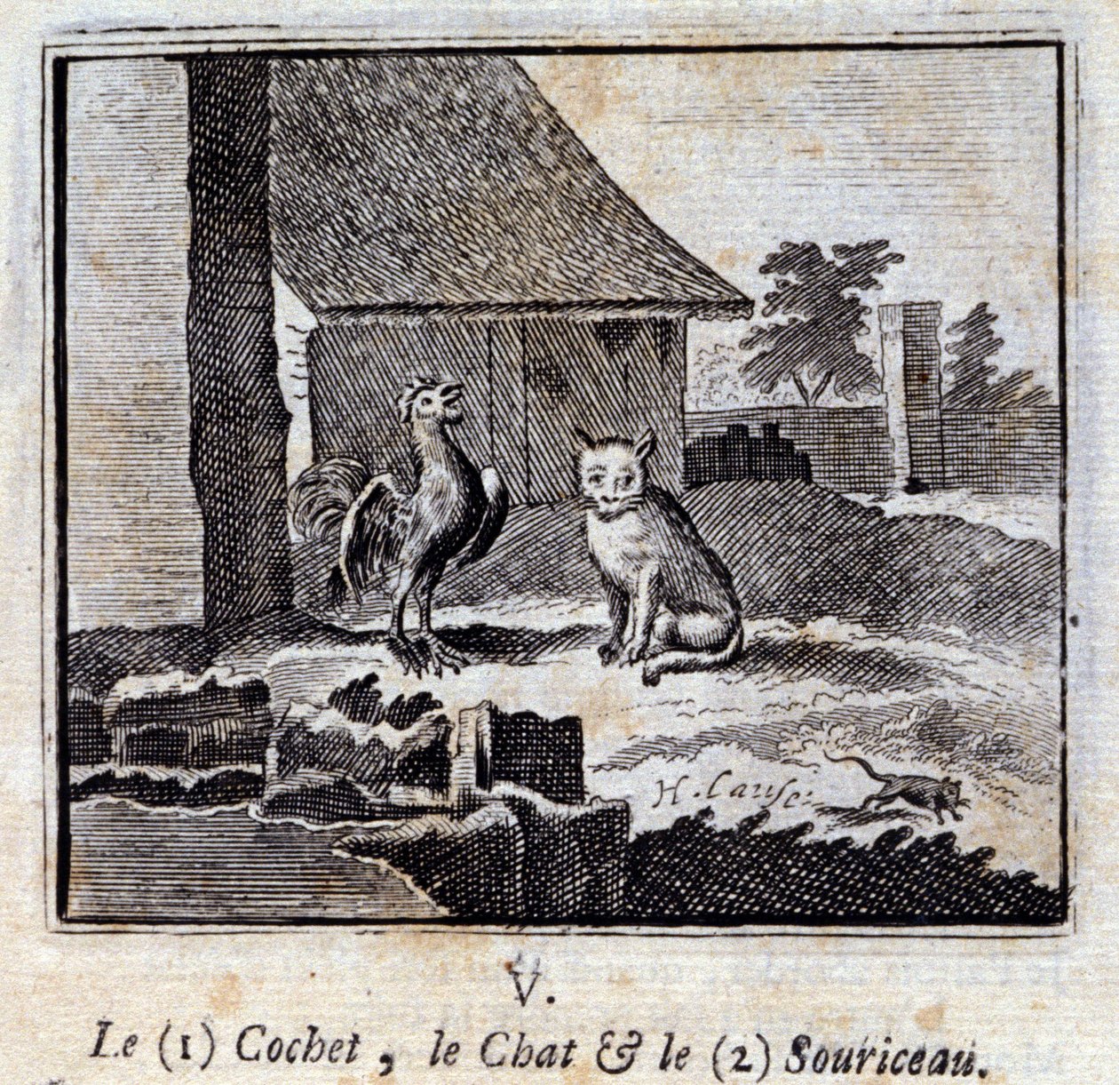 Cochet katten og musen. Fabler af Jean de La Fontaine (1621-95). Illustration af François Chauveau (1613-1676). Udgave af 1728. af Francois Chauveau