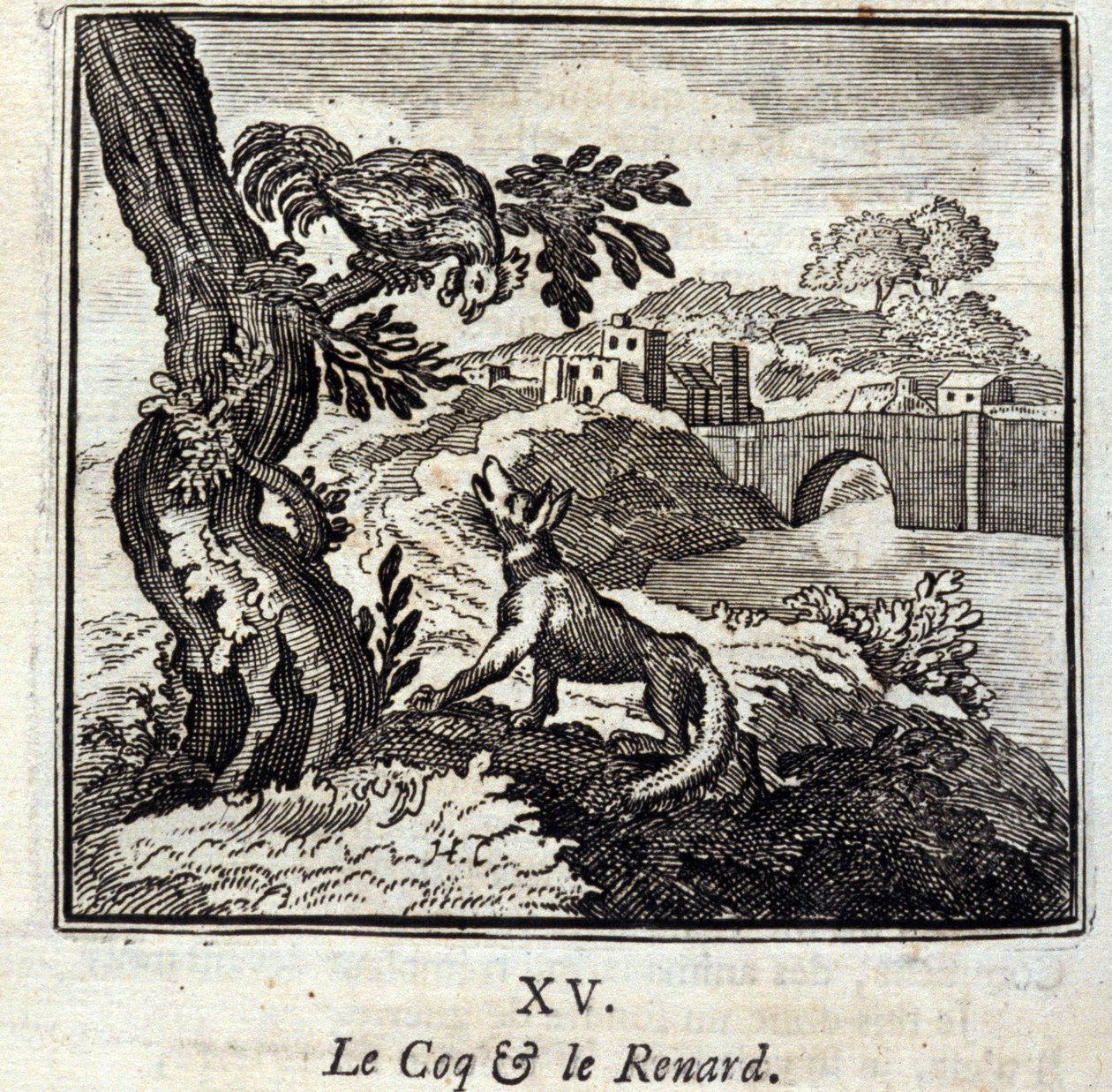 Coq og Ræven. Fabler af Jean de La Fontaine (1621-95). Illustration af Francois Chauveau (1613-1676). Udgave af 1728. af Francois Chauveau