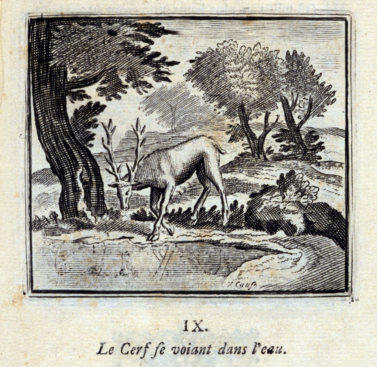Hjorten ser sig selv i vandet. Fabler af Jean de La Fontaine (1621-95). Illustration af François Chauveau (1613-1676). Udgave fra 1728. af Francois Chauveau