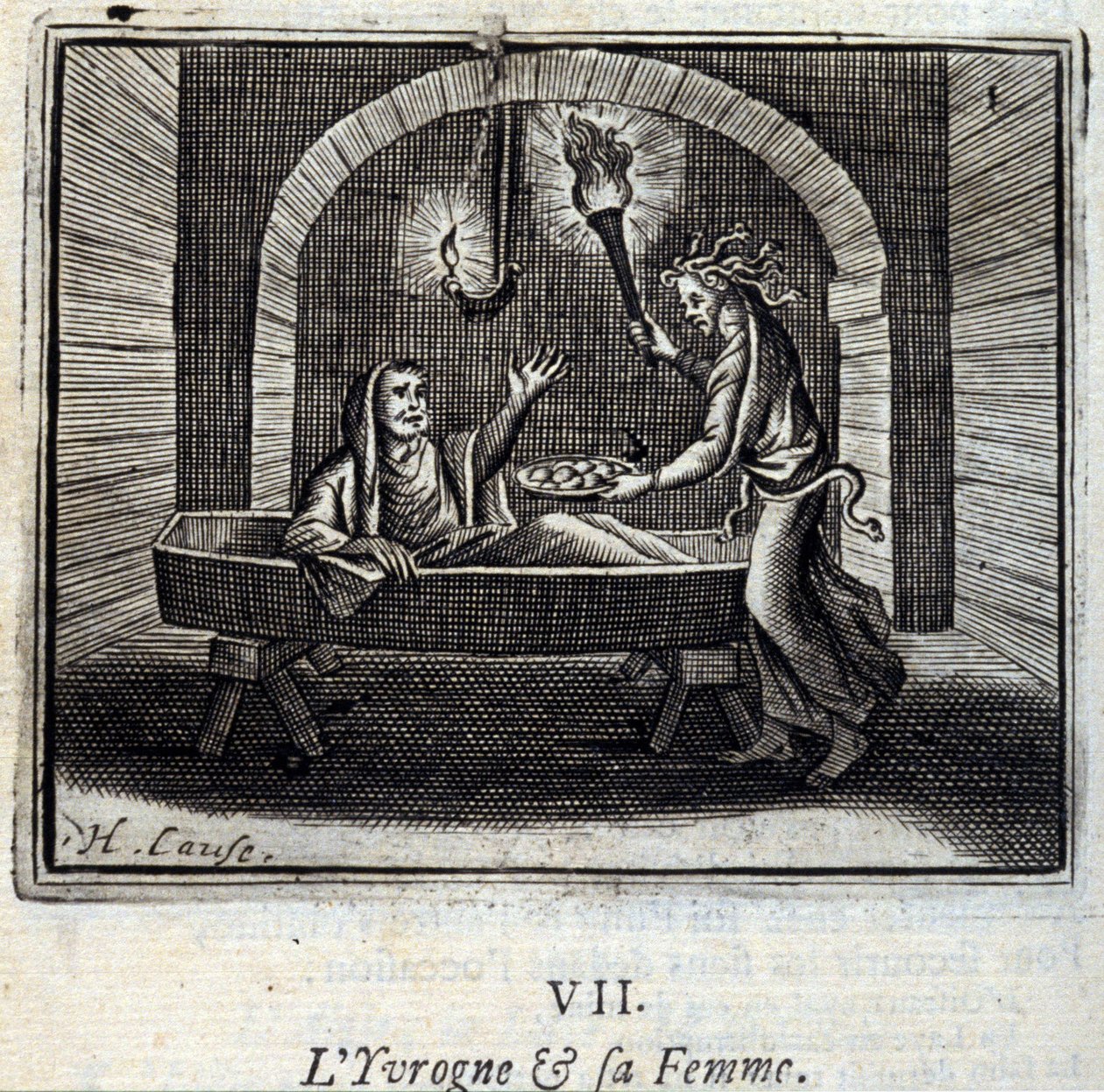 Fuldmanden og hans kone. Fabler af Jean de La Fontaine (1621-95). Illustration af François Chauveau (1613-1676). Udgave fra 1728. af Francois Chauveau