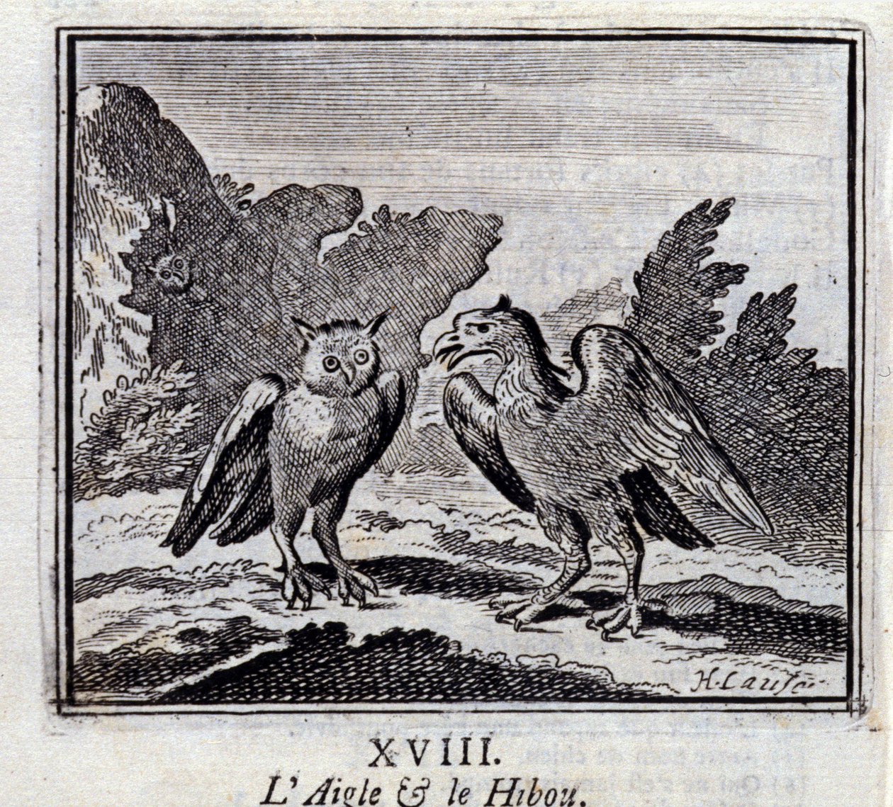 Ørnen og uglen. Fabler af Jean de La Fontaine (1621-95). Illustration af François Chauveau (1613-1676). Udgave af 1728. af Francois Chauveau