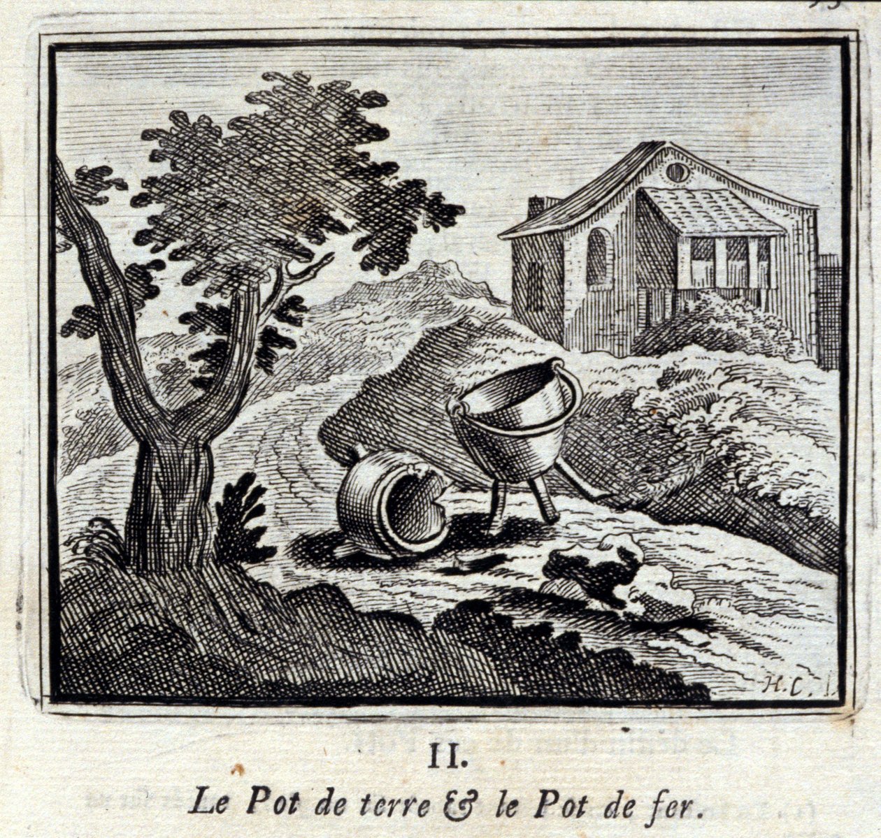 Jordgryden og jerngryden. Fabler af Jean de La Fontaine (1621-95). Illustration af François Chauveau (1613-1676). Udgave fra 1728. af Francois Chauveau