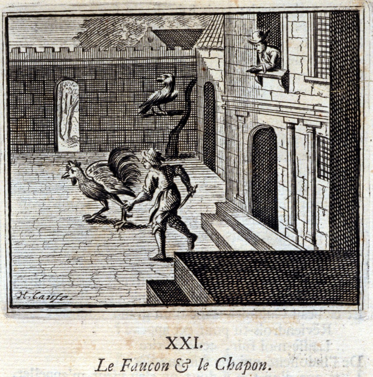Falken og Kaponen. Fabler af Jean de La Fontaine (1621-95). Illustration af François Chauveau (1613-1676). Udgave af 1728. af Francois Chauveau