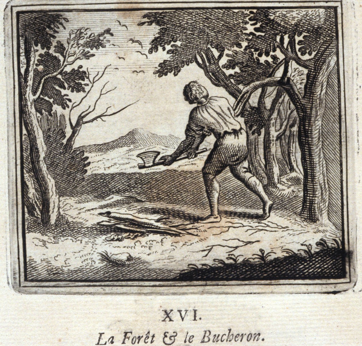 Skoven og Skovhuggeren. Fabler af Jean de La Fontaine (1621-95). Illustration af François Chauveau (1613-1676). Udgave af 1728. af Francois Chauveau