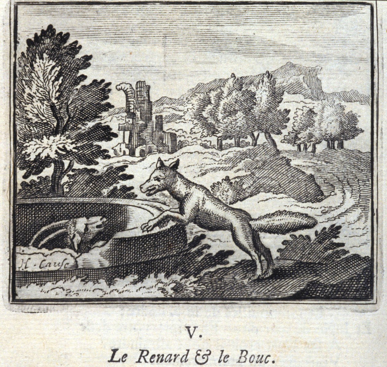 The Fox and the Bouc.Fables af Jean de La Fontaine (1621-95). Illustration af François Chauveau (1613-1676). Udgave af 1728. af Francois Chauveau