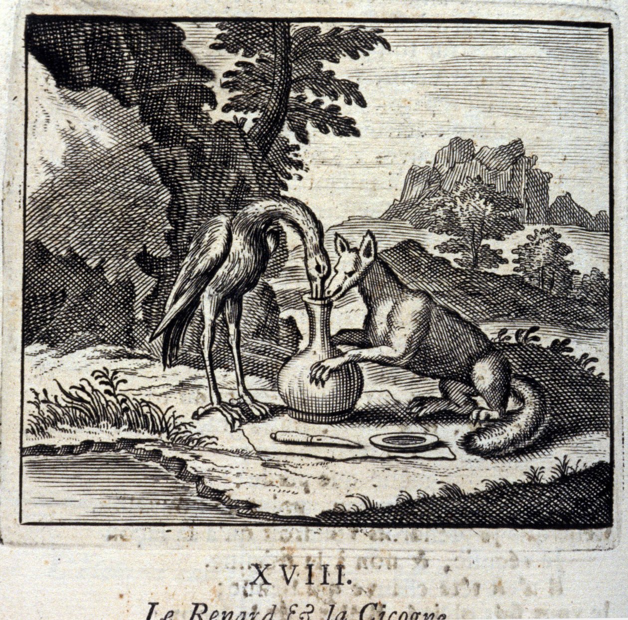 Ræven og storken. Fabler af Jean de La Fontaine (1621-95). Illustration af Francois Chauveau (1613-1676). Udgave af 1728. af Francois Chauveau