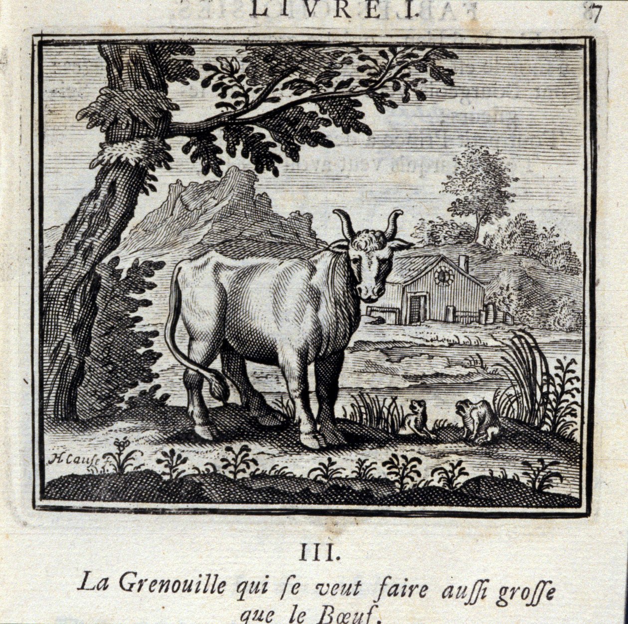 Frøen, der vil blive lige så stor som oksekødet. Fabler af Jean de La Fontaine (1621-95). Illustration af François Chauveau (1613-1676). Udgave af 1728. af Francois Chauveau