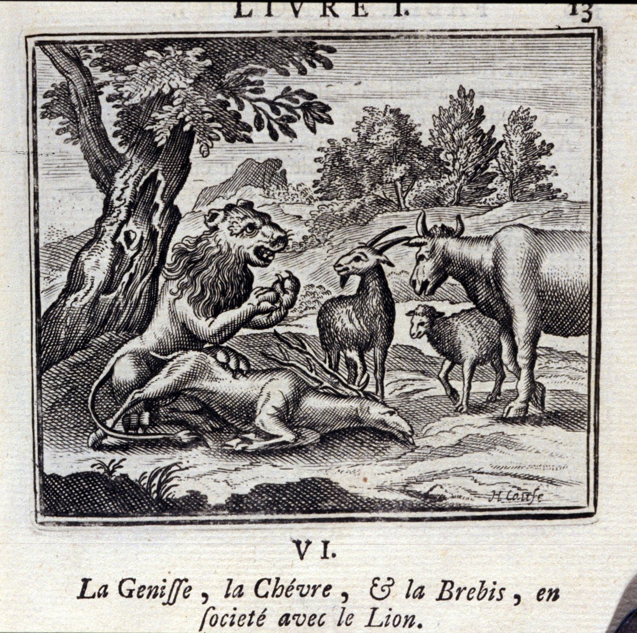 Genisse, Gove og Fåret i selskab med Løven. Fabler af Jean de La Fontaine (1621-95). Illustration af François Chauveau (1613-1676). Udgave fra 1728. af Francois Chauveau