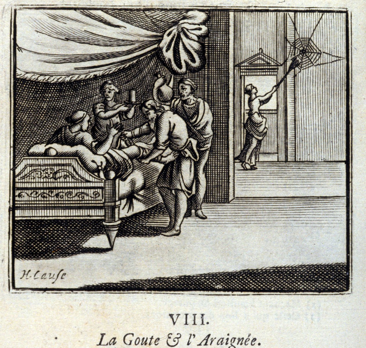 Gigten og Edderkoppen. Fabler af Jean de La Fontaine (1621-95). Illustration af Francois Chauveau (1613-1676). Udgave af 1728. af Francois Chauveau