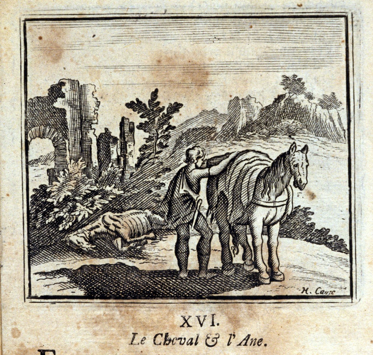 Hesten og æslet. Fabler af Jean de La Fontaine (1621-95). Illustration af François Chauveau (1613-1676). Udgave fra 1728. af Francois Chauveau