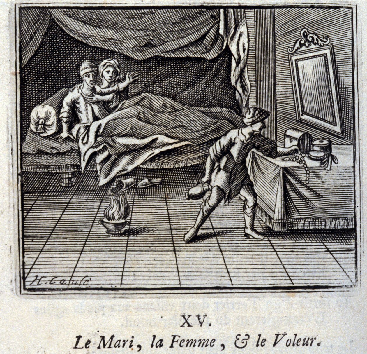 Manden, Kvinden og Tyven. Fabler af Jean de La Fontaine (1621-95). Illustration af François Chauveau (1613-1676). Udgave af 1728. af Francois Chauveau