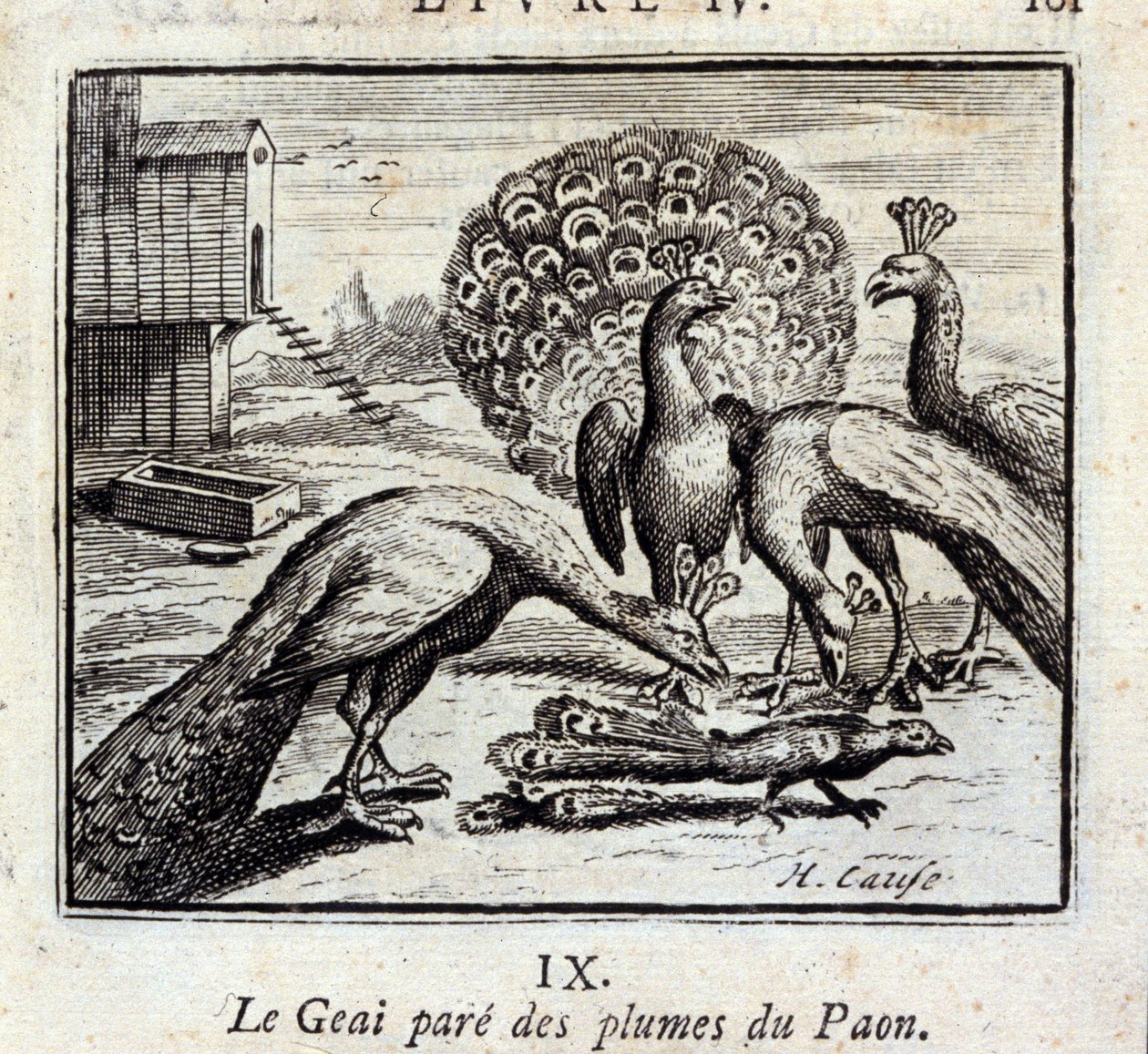 Jay pryder påfuglefjer. Fabler af Jean de La Fontaine (1621-95). Illustration af François Chauveau (1613-1676). Udgave af 1728. af Francois Chauveau