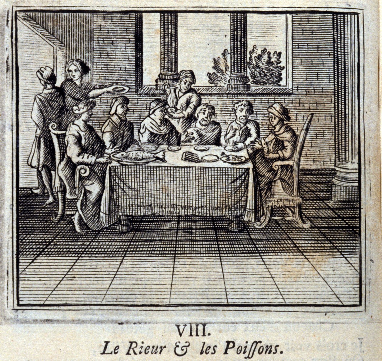 Latteren og Fiskene. Fabler af Jean de La Fontaine (1621-95). Illustration af François Chauveau (1613-1676). Udgave af 1728. af Francois Chauveau