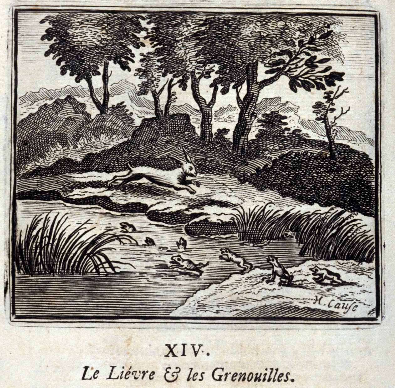 Lievre og frøerne. Fabler af Jean de La Fontaine (1621-95). Illustration af François Chauveau (1613-1676). Udgave af 1728. af Francois Chauveau