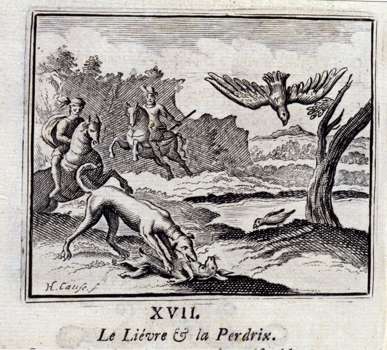 Lievre og Pardrix. Fabler af Jean de La Fontaine (1621-95). Illustration af François Chauveau (1613-1676). Udgave af 1728. af Francois Chauveau