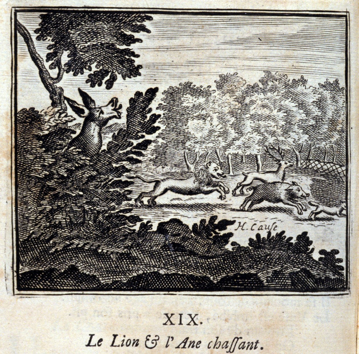 Løven og æseljagten. Fabler af Jean de La Fontaine (1621-95). Illustration af François Chauveau (1613-1676). Udgave af 1728. af Francois Chauveau