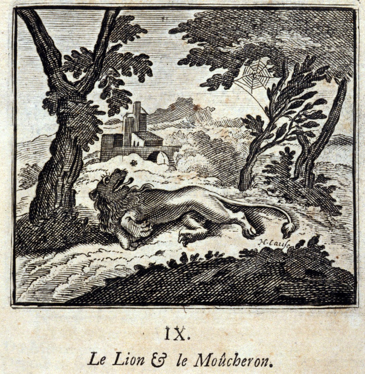 Løven og Fluefangeren. Fabler af Jean de La Fontaine (1621-95). Illustration af Francois Chauveau (1613-1676). Udgave af 1728. af Francois Chauveau