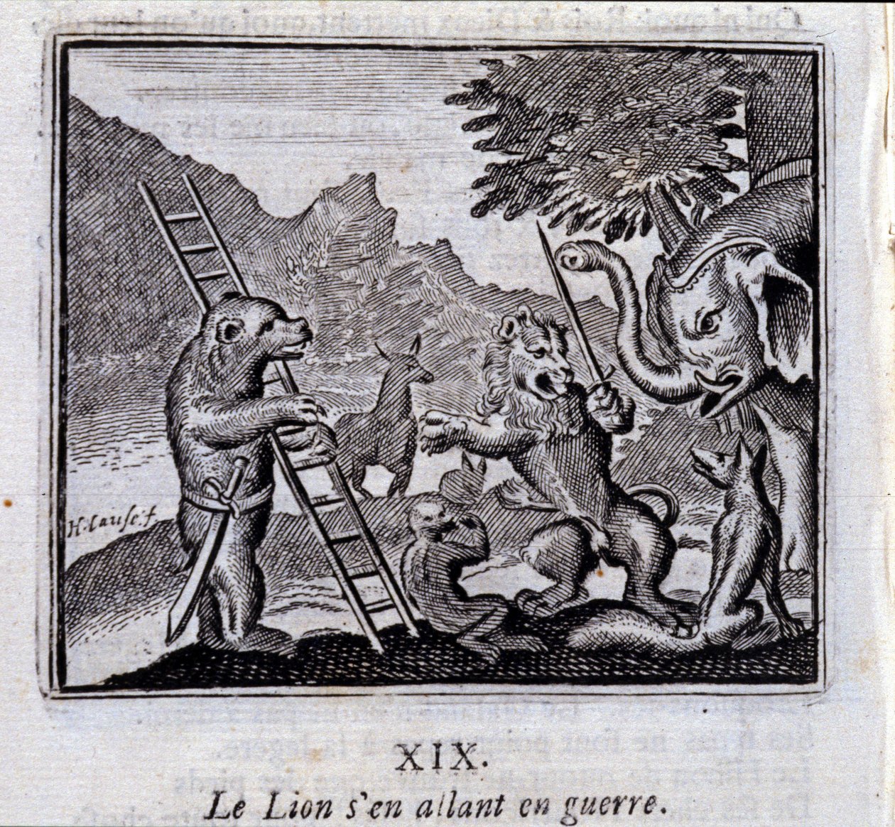 Løven går i krig. Fabler af Jean de La Fontaine (1621-95). Illustration af Francois Chauveau (1613-1676). Udgave af 1728. af Francois Chauveau