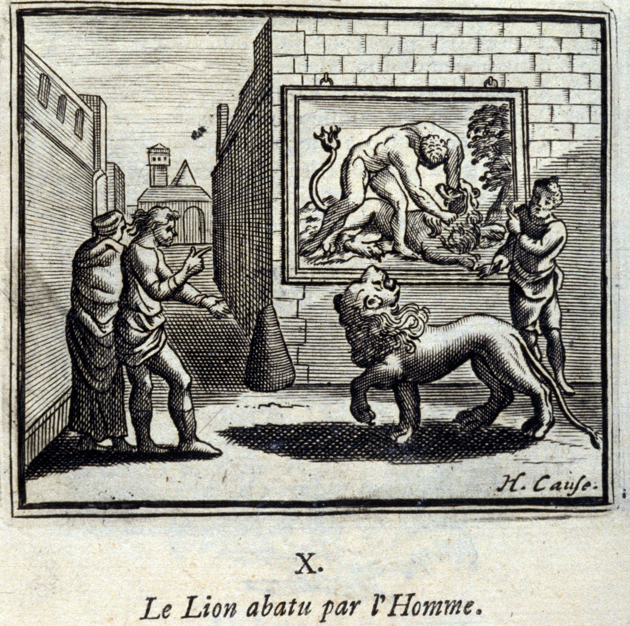 Løven skudt ned af Mennesket. Fabler af Jean de La Fontaine (1621-95). Illustration af François Chauveau (1613-1676). Udgave af 1728. af Francois Chauveau