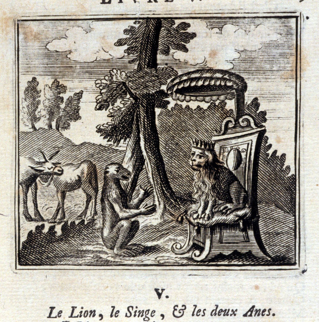 Løven Aben og de to Anes.Fables af Jean de La Fontaine (1621-95). Illustration af François Chauveau (1613-1676). Udgave af 1728. af Francois Chauveau