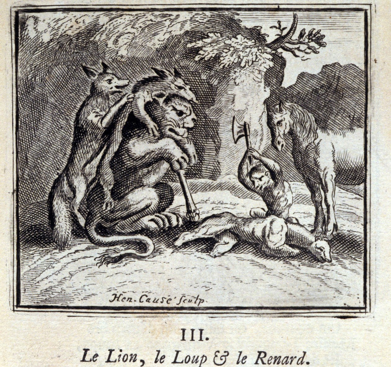 Løven, ulven og ræven. Fabler af Jean de La Fontaine (1621-95). Illustration af François Chauveau (1613-1676). Udgave af 1728. af Francois Chauveau