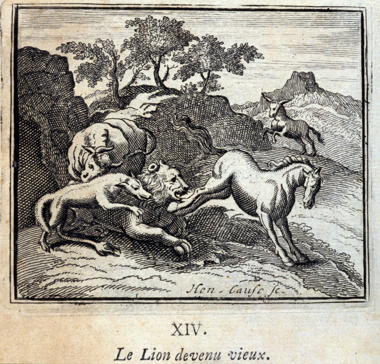 Løven blev gammel. Fabler af Jean de La Fontaine (1621-95). Illustration af Francois Chauveau (1613-1676). Udgave af 1728. af Francois Chauveau