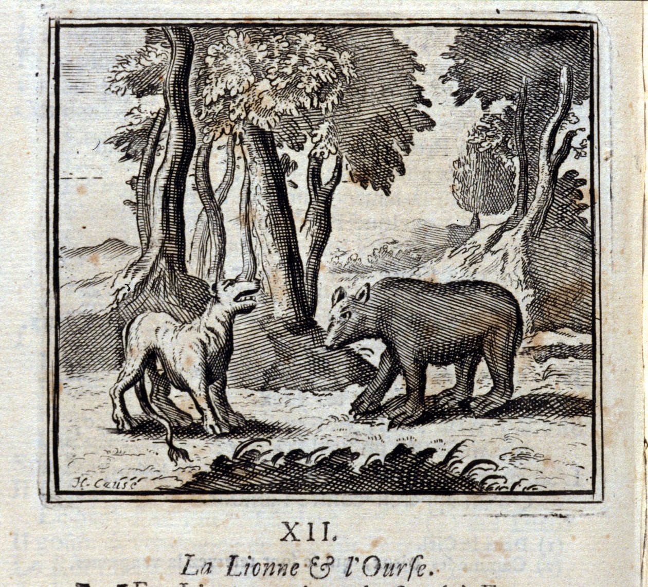 Løvinden og bjørnen. Fabler af Jean de La Fontaine (1621-95). Illustration af François Chauveau (1613-1676). Udgave af 1728. af Francois Chauveau