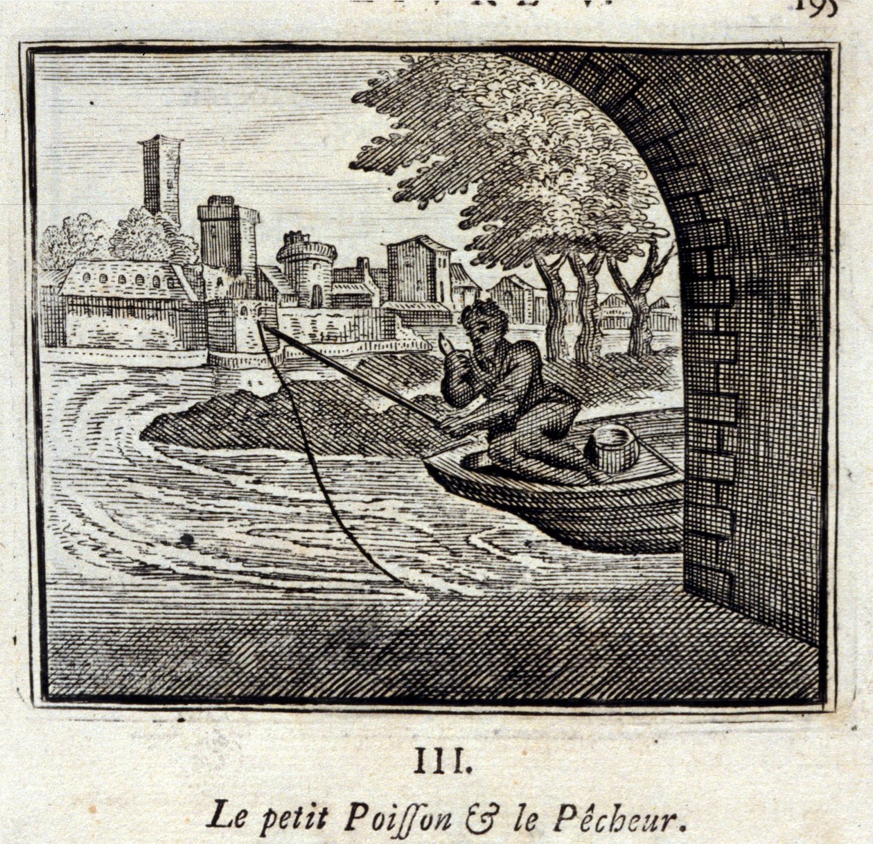 Den lille fisk og fiskeren. Fabler af Jean de La Fontaine (1621-95). Illustration af François Chauveau (1613-1676). Udgave af 1728. af Francois Chauveau