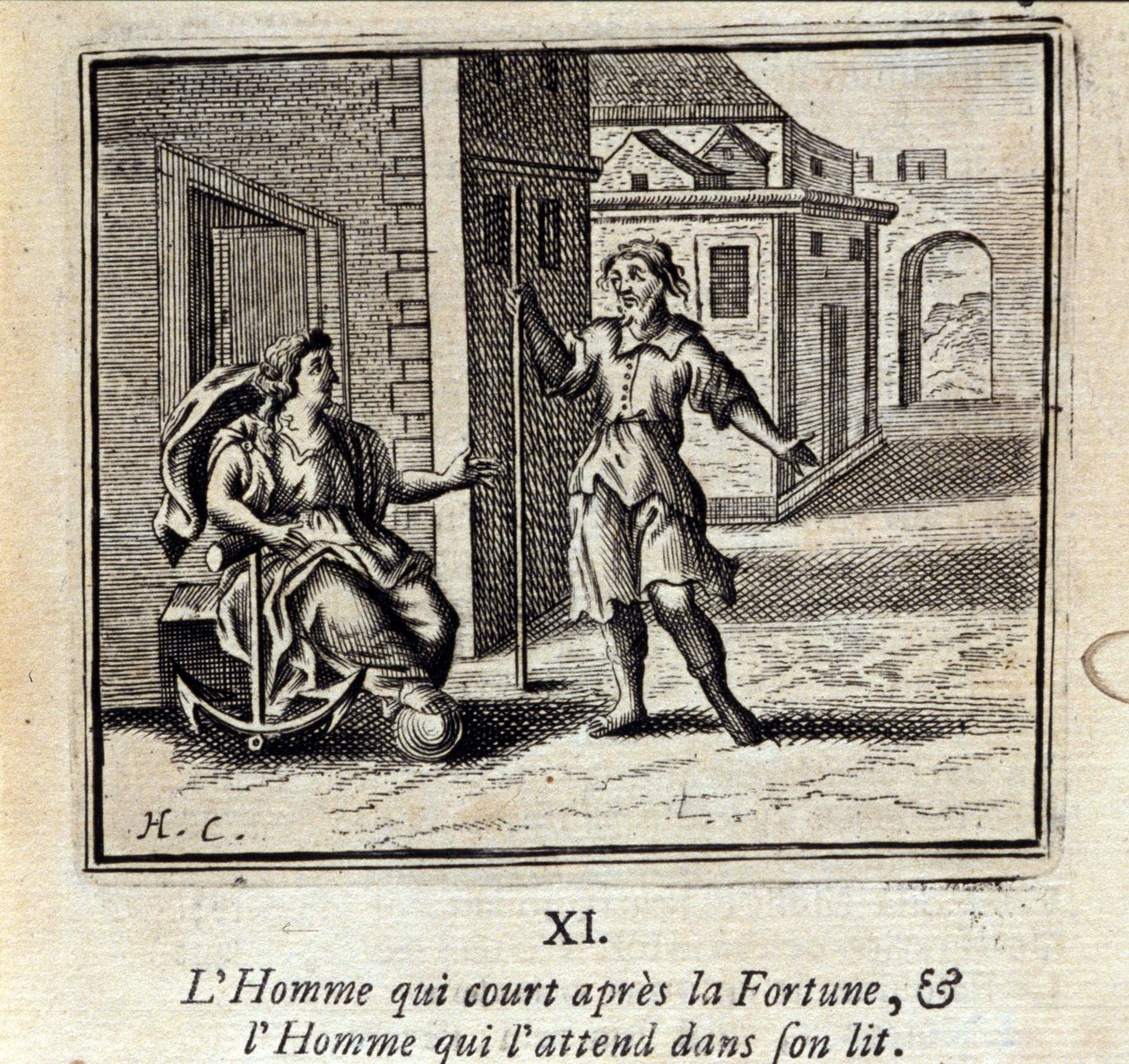 Manden, der løber efter Fortune og Manden, der venter på ham i sengen. Fabler af Jean de La Fontaine (1621-95). Illustration af François Chauveau (1613-1676). Udgave af 1728. af Francois Chauveau