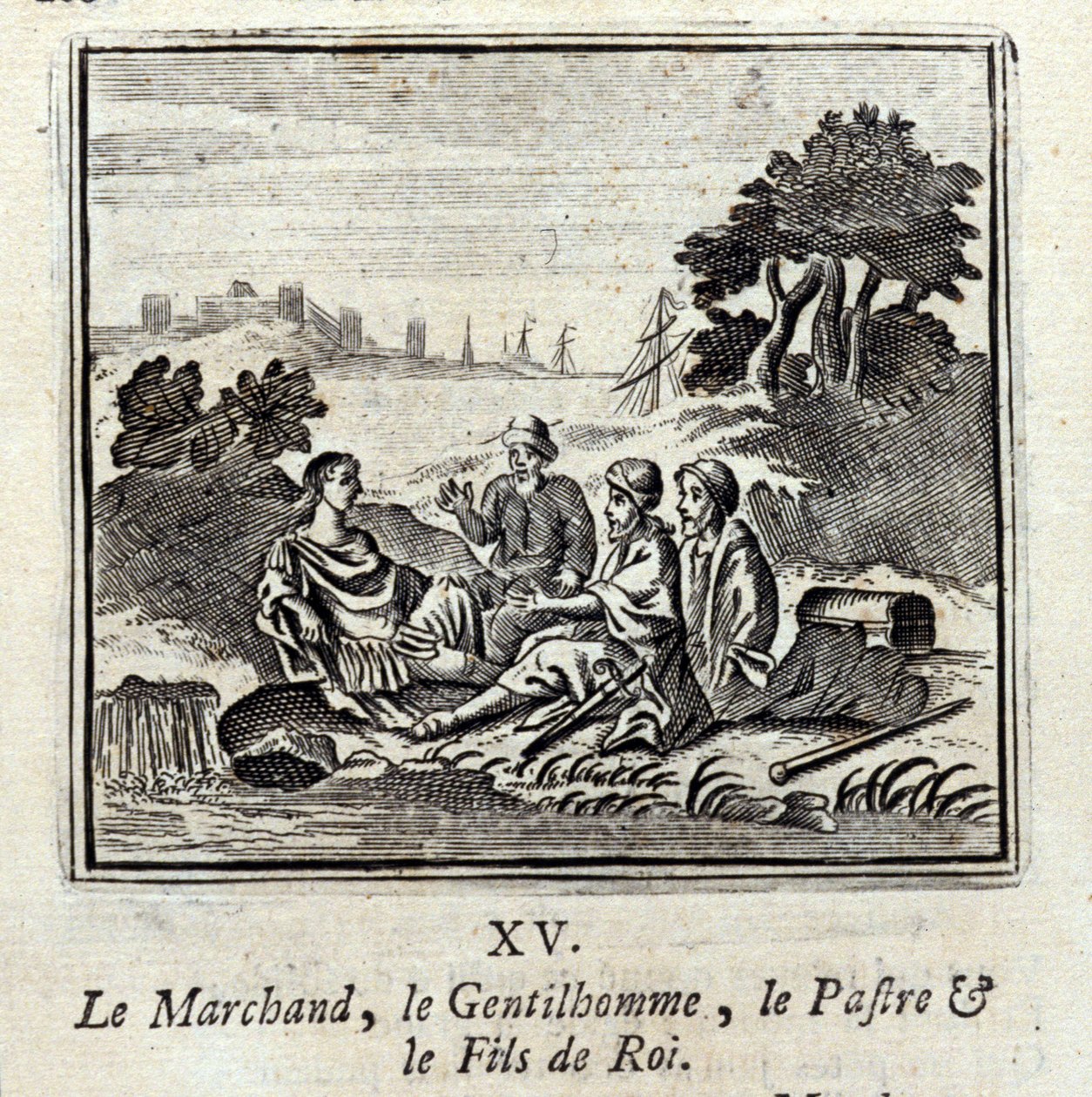 Købmanden, Gentilmanden, Patraen og Kongens Søn. Fabler af Jean de La Fontaine (1621-95). Illustration af François Chauveau (1613-1676). Udgave af 1728. af Francois Chauveau