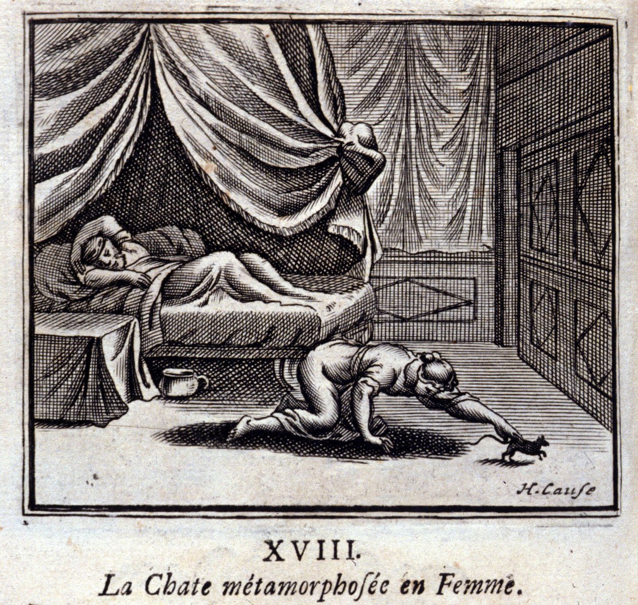 Den forvandlede kat i kvinden. Fabler af Jean de La Fontaine (1621-95). Illustration af François Chauveau (1613-1676). Udgave af 1728. af Francois Chauveau