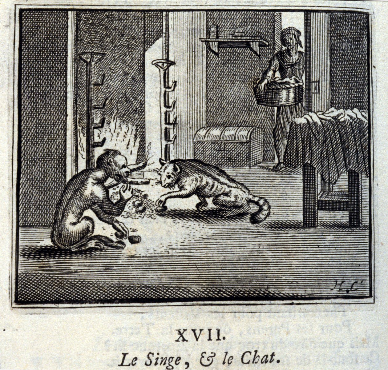 Aben og Katten. Fabler af Jean de La Fontaine (1621-95). Illustration af Francois Chauveau (1613-1676). Udgave af 1728. af Francois Chauveau