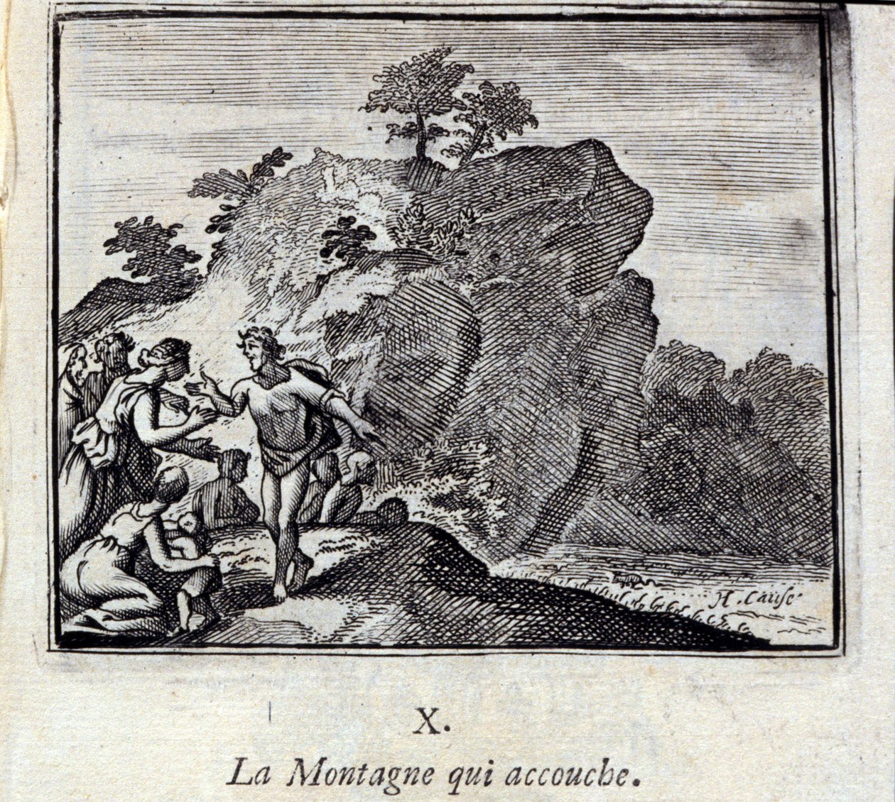 Bjerget føder. Fabler af Jean de La Fontaine (1621-95). Illustration af Francois Chauveau (1613-1676). Udgave af 1728. af Francois Chauveau